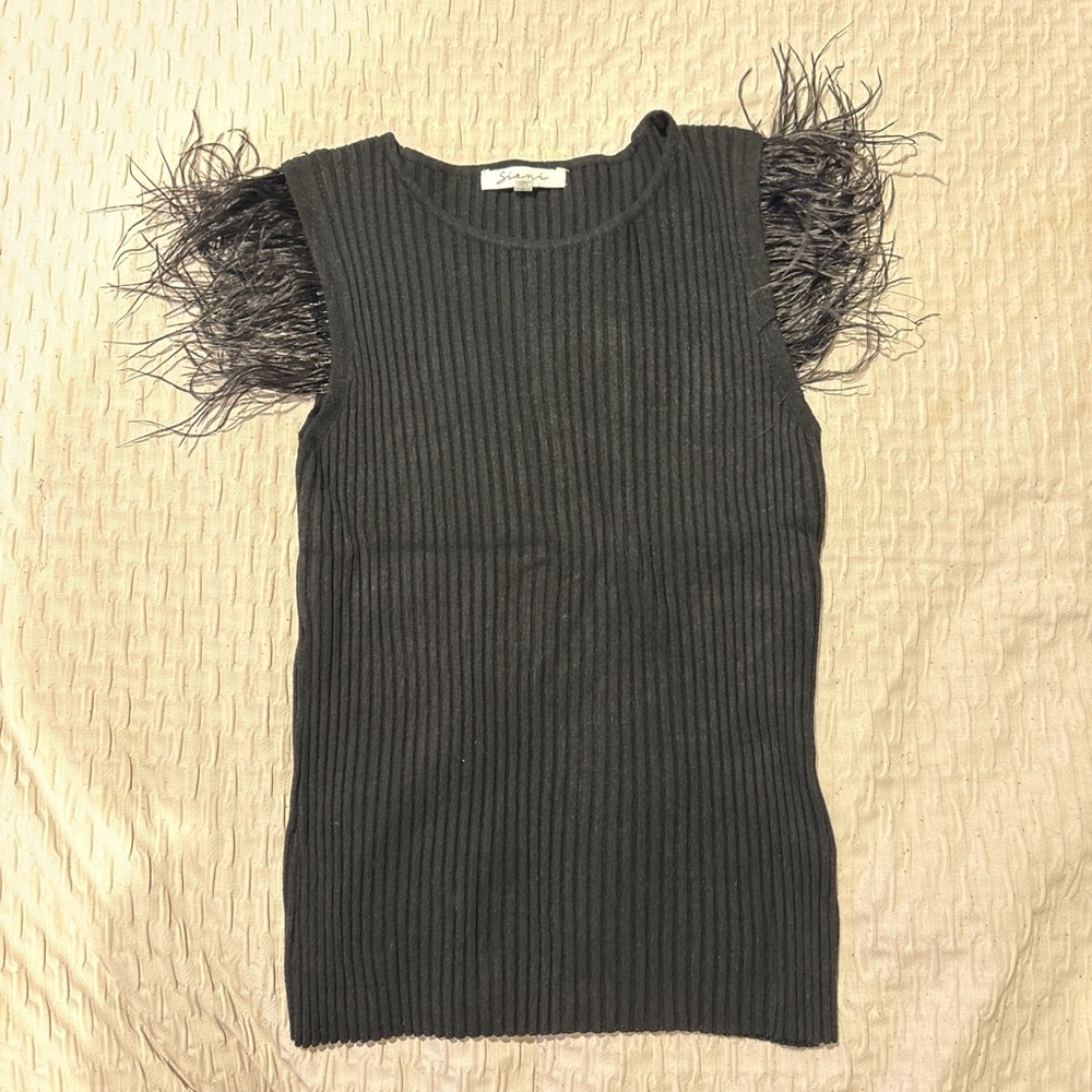 Marshalls Black Ribbed Blouse with Feather Sleeves